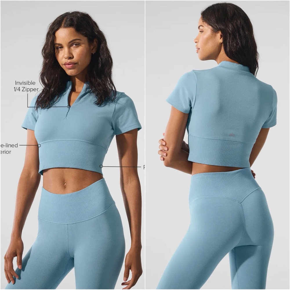 Alo Yoga Top Seamless Plush Cropped Short Sleeve Celestial Blue Sz S NWT New - Picture 1 of 12